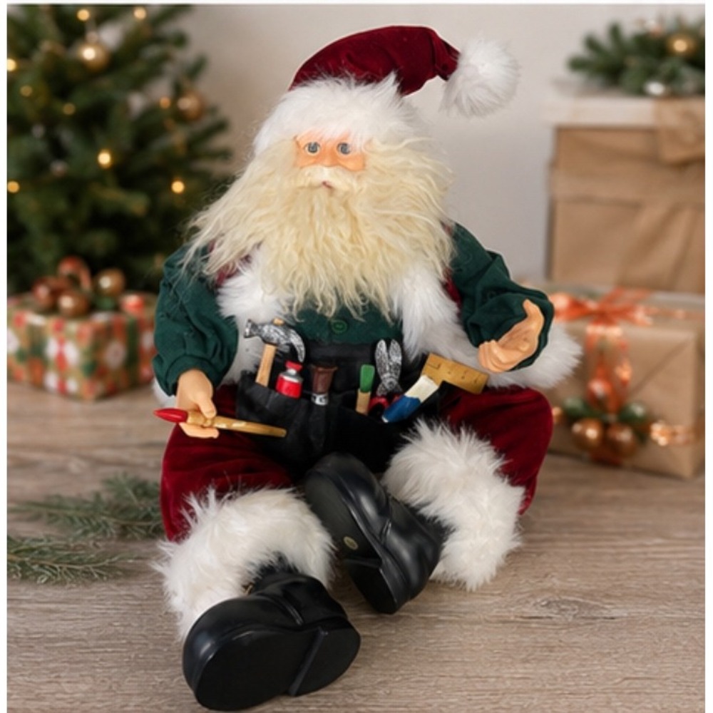 Santa Claus Doll Carpenter Workshop Tools Christmas Figure Burgundy Vintage